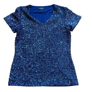 Lily Moss top‎ size small blue sequins short sleeve v-neck